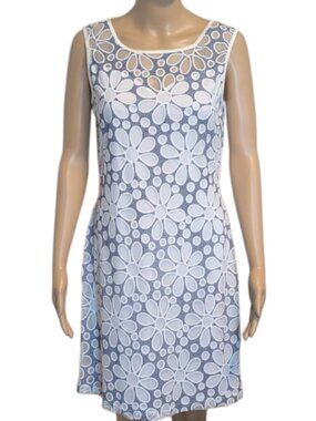 Vintage 90s Donna Floral Mesh Cutout Dress M Navy Blue White Y2K